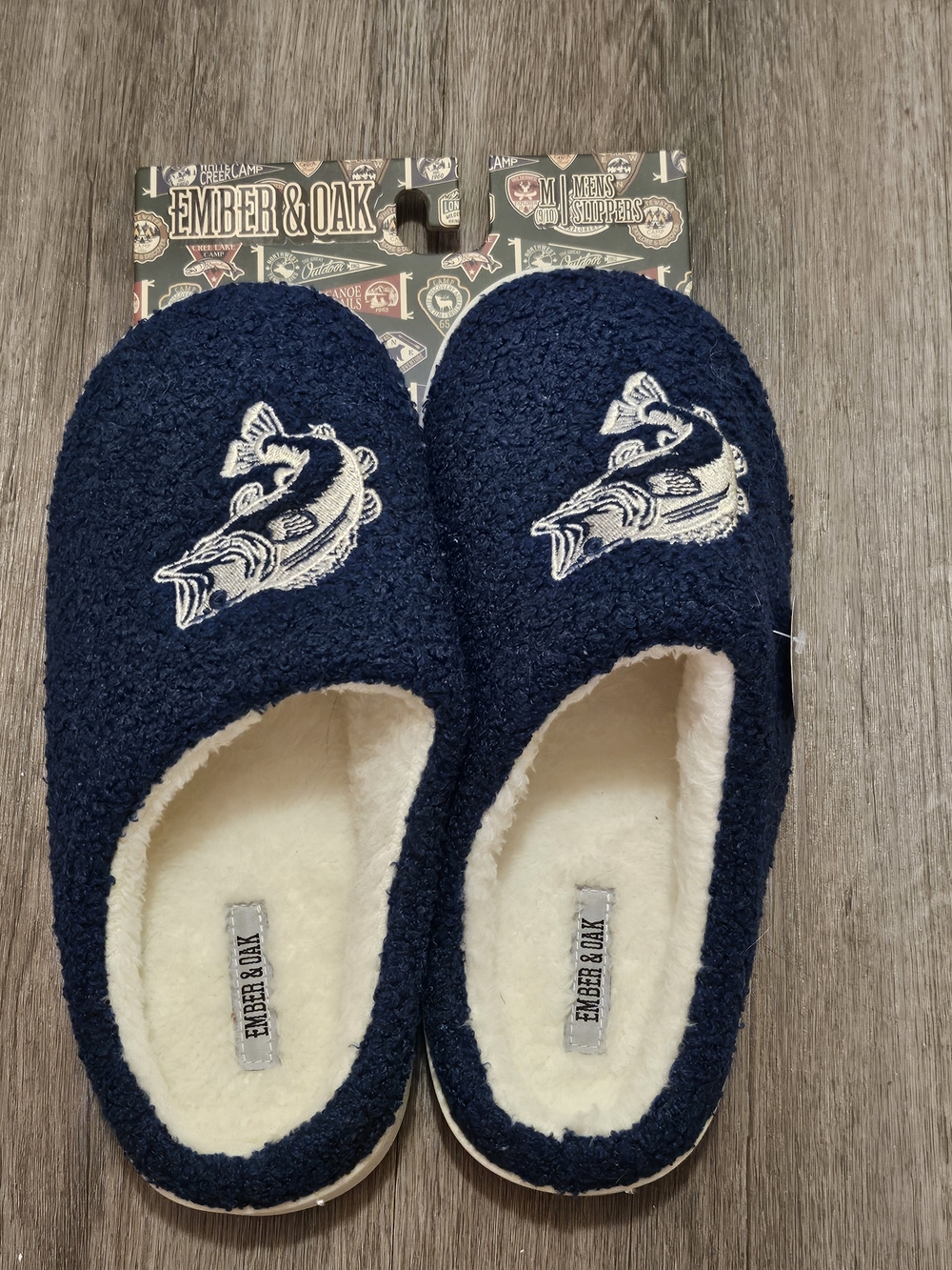 Ember & Oak Navy Fish Embroidered Plush Slippers